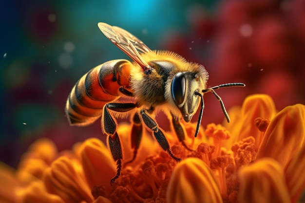 Una abeja en una flor con un fondo rojo.