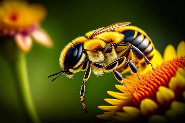 Una abeja en una flor con un fondo verde.