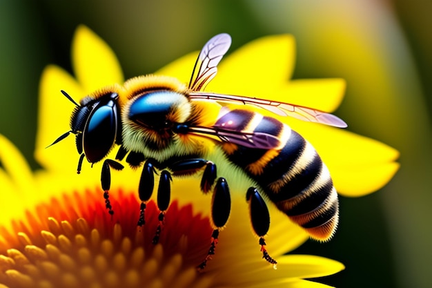 Una abeja en una flor con un fondo verde.