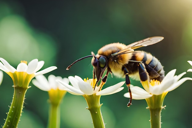 Una abeja en una flor con un fondo verde.