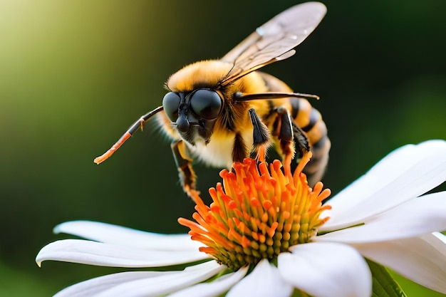 Una abeja en una flor con un fondo verde.