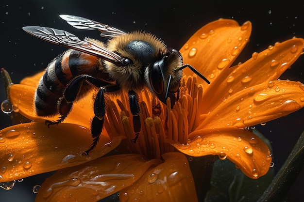 Una abeja en una flor con gotas de agua