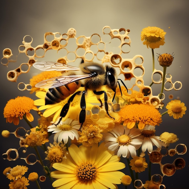 Una abeja en una flor de miel