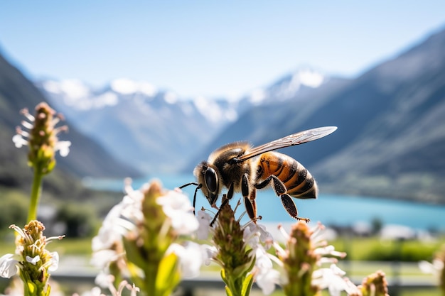 Una abeja en una flor con montañas cubiertas de nieve en la distancia