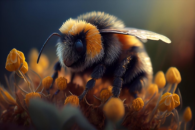 Una abeja en una flor con ojos amarillos.