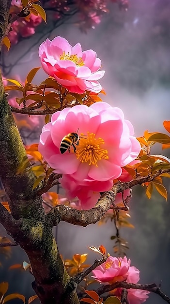 Una abeja en una flor de peonía con un fondo rosa.