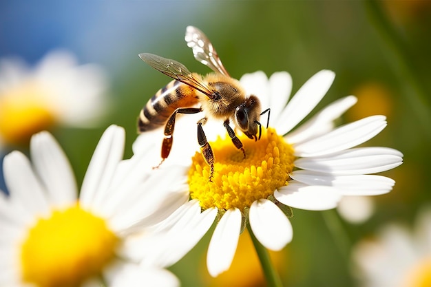 Abeja y flor Primer plano de una abeja recolectando miel en una flor de margarita en un día soleado IA generativa