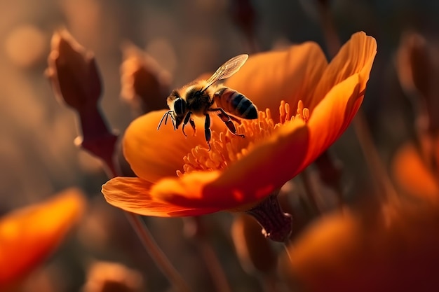 Abeja y flor Primer plano de una gran abeja rayada recoge miel en una flor en un día soleado y brillante Vista de puesta de sol horizontal macro Fondos de verano y primavera Concepto de apicultura Ai generativo