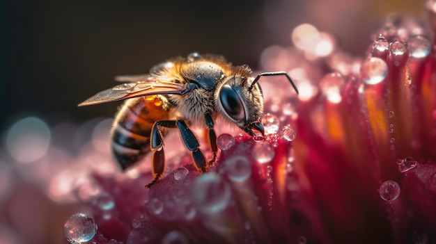 Una abeja en una flor roja recolecta polen Ilustración generativa de IA