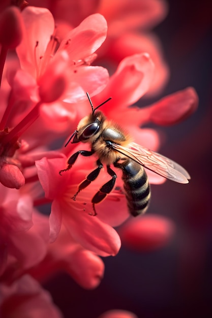 Una abeja en una flor roja.