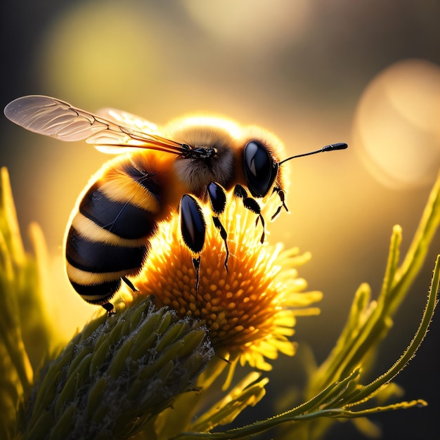 Una abeja en una flor con el sol brillando sobre ella.