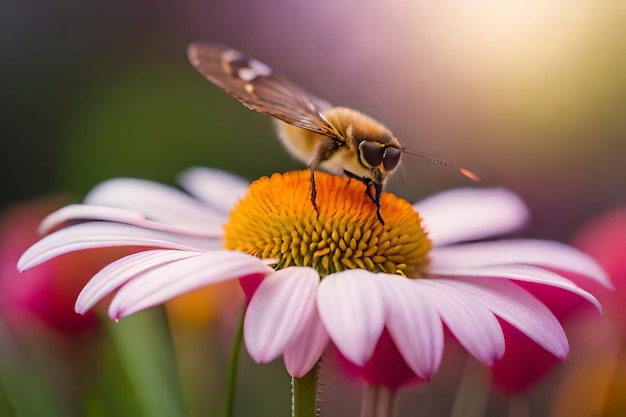 una abeja en una flor con el sol detrás de ella