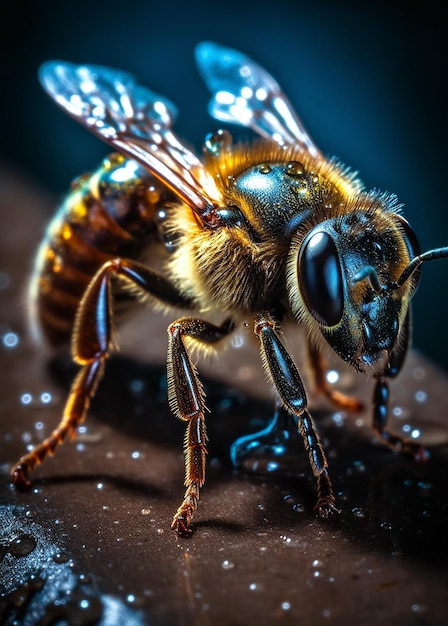 Una abeja con un fondo azul y la palabra abeja en ella