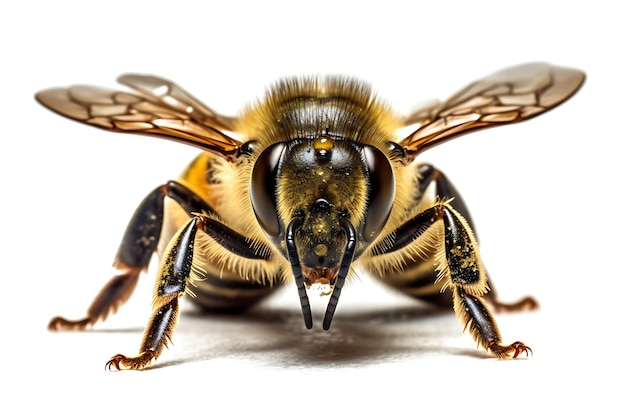 Una abeja con un fondo blanco y un pelaje negro y amarillo