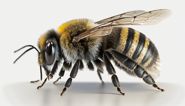 Una abeja con un fondo blanco.