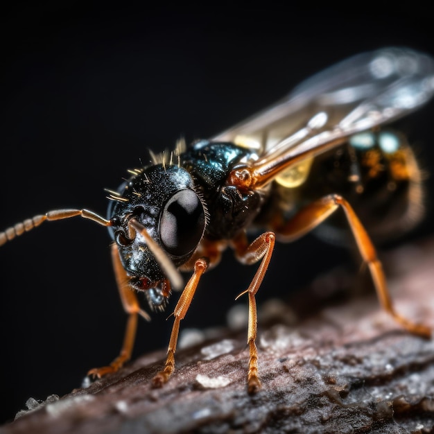 Una abeja con un fondo negro y un fondo negro.