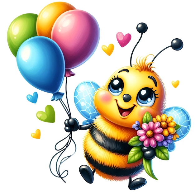 Abeja y globos Ilustración de acuarela aislada sobre fondo blanco Perfecto para el arte de la guardería