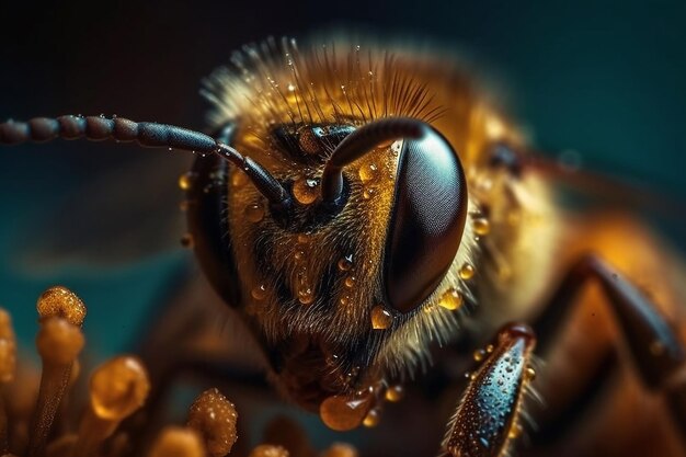 Foto una abeja con gotas de agua en la cara