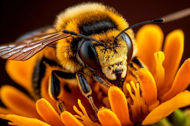 Abeja grande se sienta en pétalos de flores de abeja amarillo brillante