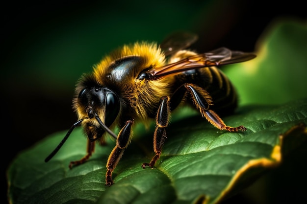 Una abeja en una hoja con un fondo negro.