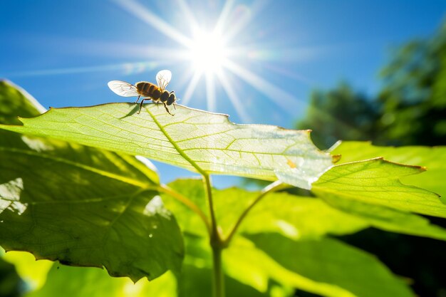 Abeja en una hoja iluminada por el sol que muestra transparencia