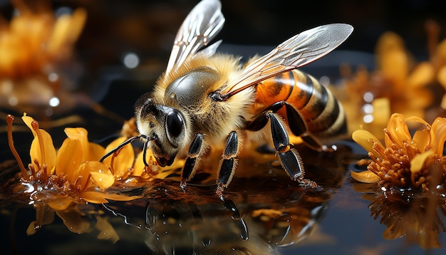 La abeja insecto poliniza las flores recolectando polen para la producción de miel generado por inteligencia artificial