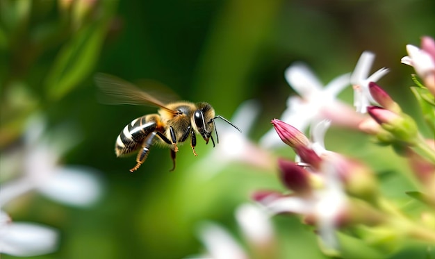 La abeja se lanza a través de las flores borrosas con la velocidad y la precisión del rayo Creación con herramientas de IA generativa