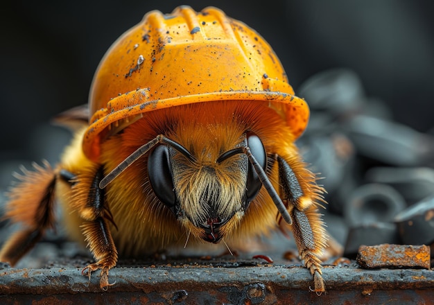 La abeja lleva un casco de construcción amarillo.