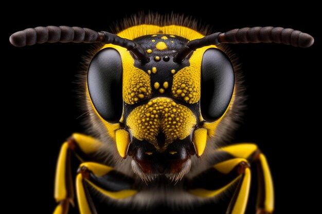 Una abeja con marcas amarillas y negras en el pecho