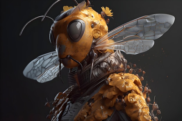 Una abeja con una máscara hecha por el artista.