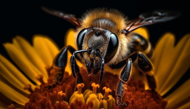 Abeja melífera ocupada recogiendo el polen de una sola flor generada por la inteligencia artificial