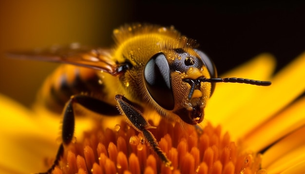 Abeja melífera ocupada trabajando en un solo pétalo de flor amarilla generado por inteligencia artificial