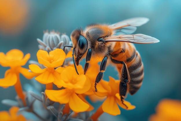 La abeja melífera recoge el polen de la flor de cerca de la apicultura de insectos o la apicultural