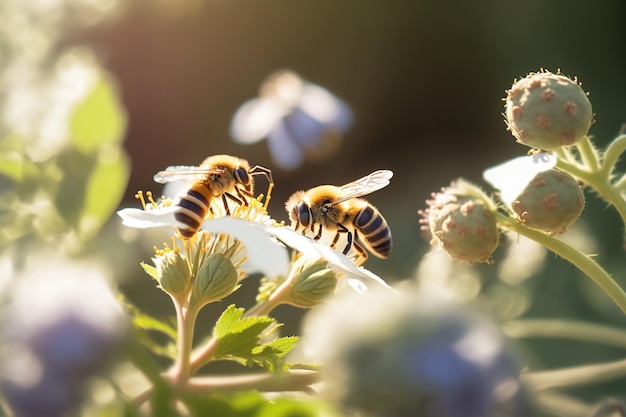 Abeja melífera recogiendo polen de abeja de flor blanca a la luz del sol