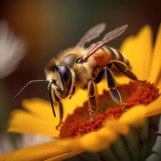 La abeja melífera recolecta polen y néctar en la vista macro de la abeja melífera AI generativa