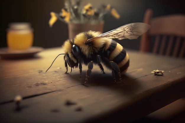 Una abeja en una mesa con una maceta de flores al fondo.