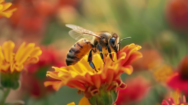 Una abeja de miel flota con gracia sobre una flor vibrante sus delicadas alas golpean rítmicamente mientras busca néctar