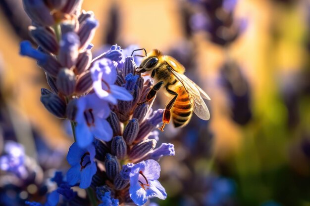 Abeja de miel occidental en flor morada