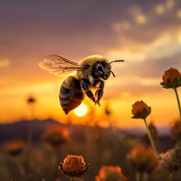 Foto la abeja de miel recogiendo polen y néctar de la flor amarilla del cosmos