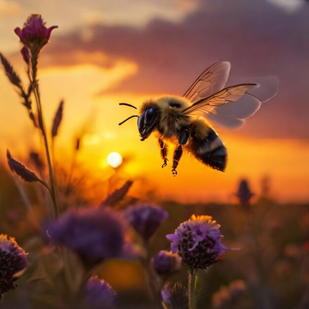 Foto la abeja de miel recogiendo polen y néctar de la flor amarilla del cosmos