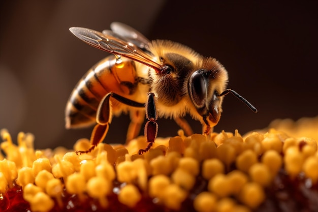 Abeja naturaleza amarillo oro insecto miel fondo macro vibrante polen primer plano IA generativa