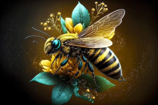 La abeja negra amarilla vuela y poliniza plantas y flores de abeja creadas con ai generativo