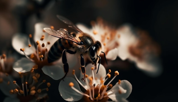 Abeja ocupada poliniza una sola flor al aire libre generada por IA