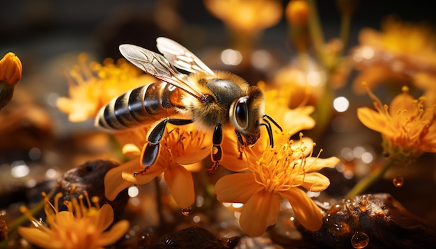 Abeja ocupada polinizando una sola flor a la luz del sol generada por inteligencia artificial