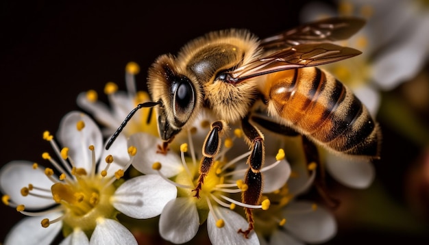 Abeja ocupada recogiendo polen de un pétalo de flor amarilla generado por IA