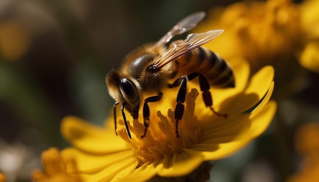 Abeja ocupada recolectando polen de una cabeza de flor amarilla vibrante generada por inteligencia artificial