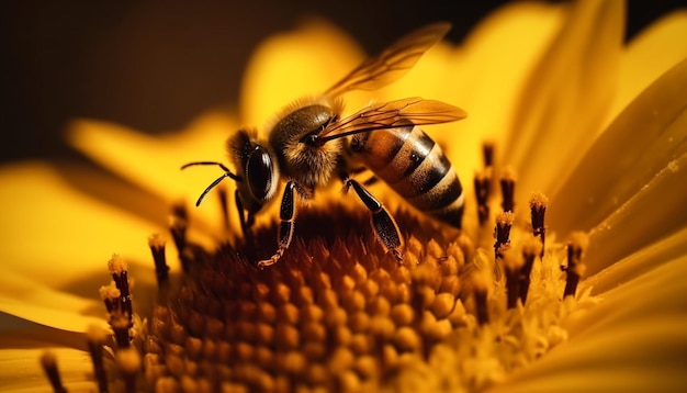 Abeja ocupada recolectando polen de una flor generada por IA