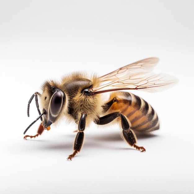 Una abeja con un panal en las alas está sobre un fondo blanco.