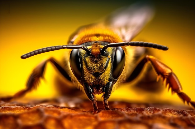 Una abeja en un panal con un fondo amarillo.