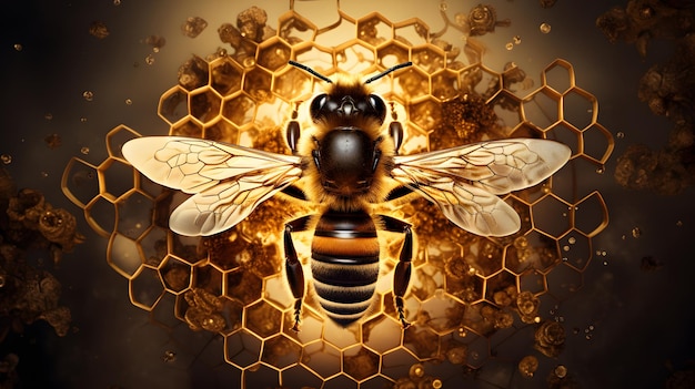 abeja en un panal con un fondo dorado